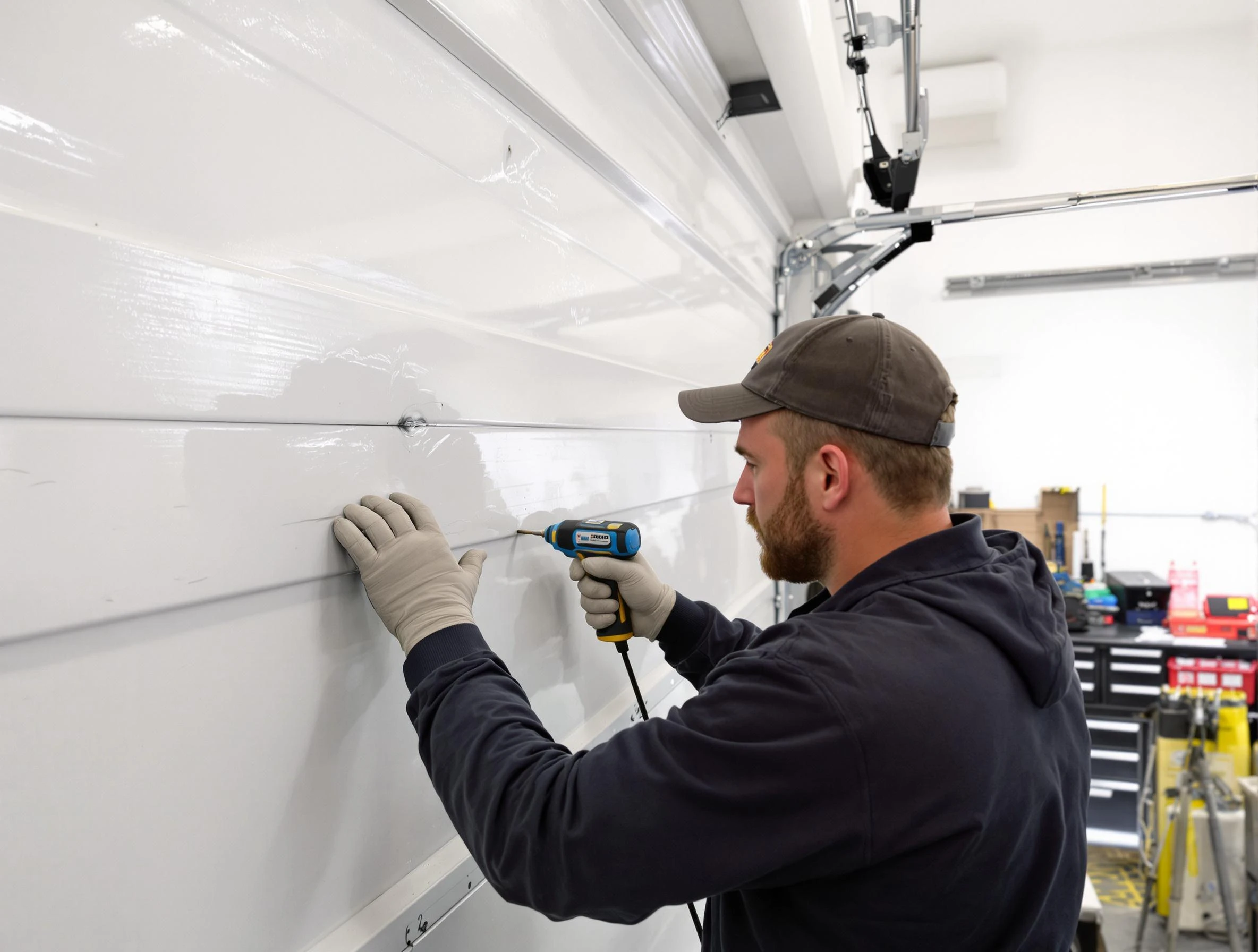 Nutley Garage Door Repair technician demonstrating precision dent removal techniques on a Nutley garage door